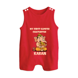 My First Little Ganesha Mouse Friendship Illustration Printed Button Romper - RED - New Born (Chest 18")