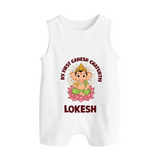My First Cute Ganesha Festive Joy Illustration Printed Button Romper - WHITE - New Born (Chest 18")