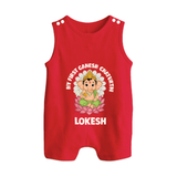 My First Cute Ganesha Festive Joy Illustration Printed Button Romper - RED - New Born (Chest 18")