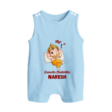 My First Ganesha Festival Celebration Illustration Printed Button Romper - BABY BLUE - New Born (Chest 18")
