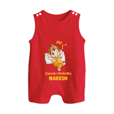 My First Ganesha Festival Celebration Illustration Printed Button Romper - RED - New Born (Chest 18")