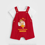 My First Ganesha Festival Celebration Illustration Printed Dungaree - RED - 0 - 5 Months Old (Chest 18")