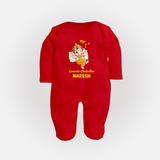 My First Ganesha Festival Celebration Illustration Printed Fullbody Suit - RED - New Born (Chest 7.5")