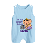 My First Baby Ganesha Sweet Blessings Printed Button Romper - BABY BLUE - New Born (Chest 18")