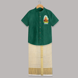 Ganpati Bappa Morya Divine Blessings Printed Shirt and Dhoti - DARK GREEN - 0 - 6 Months Old (Chest-23") (Dhoti length-14")