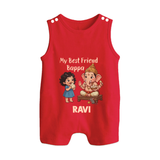My Best Friend Bappa Cute Ganesha Printed Button Romper - RED - New Born (Chest 18")