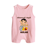 Cute Bal Ganesha Blessings Printed Button Romper - BABY PINK - New Born (Chest 18")
