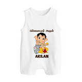 Cute Bal Ganesha Blessings Printed Button Romper - WHITE - New Born (Chest 18")