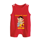 Cute Bal Ganesha Blessings Printed Button Romper - RED - New Born (Chest 18")