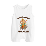 Cute Vinayagar Divine Ride Printed Button Romper - WHITE - New Born (Chest 18")