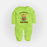 Cute Vinayagar Divine Ride Printed Fullbody Suit - LIME GREEN - New Born (Chest 7.5")