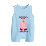 Ganpati Bappa Morya Festive Blessings Printed Button Romper - BABY BLUE - New Born (Chest 18")