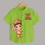 Ganpati Bappa Morya Divine Blessings Printed Kids Shirt - LIME GREEN - 0 - 6 Months Old (Chest 23")