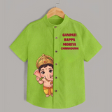 Ganpati Bappa Morya Divine Blessings Printed Kids Shirt - LIME GREEN - 0 - 6 Months Old (Chest 23")