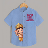 Ganpati Bappa Morya Divine Blessings Printed Kids Shirt - SKY BLUE - 0 - 6 Months Old (Chest 23")