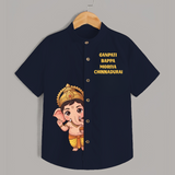 Ganpati Bappa Morya Divine Blessings Printed Kids Shirt - NAVY BLUE - 0 - 6 Months Old (Chest 23")