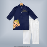 Cute Bal Ganesh Peekaboo Celebration Printed Kurta Set - NAVY BLUE - 3 - 6 Months Old (Chest 24", Kurta Length 14'', Waist 19", Pant Length 14")