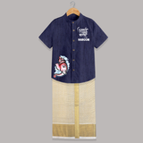 Little Ganesha Floral Frame Blessings Printed Shirt and Dhoti - DARK BLUE - 0 - 6 Months Old (Chest-23") (Dhoti length-14")