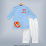 Ganpati Bappa Morya Traditional Celebration Printed Kurta Set - BABY BLUE - 3 - 6 Months Old (Chest 24", Kurta Length 14'', Waist 19", Pant Length 14")