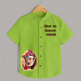 Ghar Ka Ganesh Artistic Blessings Printed Kids Shirt - LIME GREEN - 0 - 6 Months Old (Chest 23")