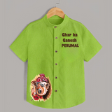 Ghar Ka Ganesh Artistic Blessings Printed Kids Shirt - LIME GREEN - 0 - 6 Months Old (Chest 23")