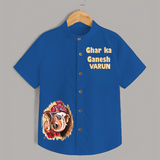 Ghar Ka Ganesh Artistic Blessings Printed Kids Shirt - COBALT BLUE - 0 - 6 Months Old (Chest 23")