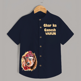 Ghar Ka Ganesh Artistic Blessings Printed Kids Shirt - NAVY BLUE - 0 - 6 Months Old (Chest 23")