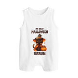 My First Halloween Witch Cat Print Baby Button Romper - WHITE - New Born (Chest 18")