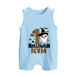 My First Halloween Ghost Moon Print Baby Button Romper - BABY BLUE - New Born (Chest 18")