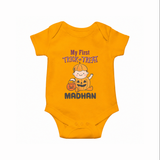My First Trick Or Treat Pumpkin Print Baby Romper - CHROME YELLOW - New Born (Chest 14")
