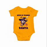 Witch In Training Print Baby Romper - CHROME YELLOW - New Born (Chest 14")