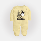 Too Cute To Spook Ghost Print Baby Full Body Suit - PASTEL YELLOW - New Born (Chest 7.5")