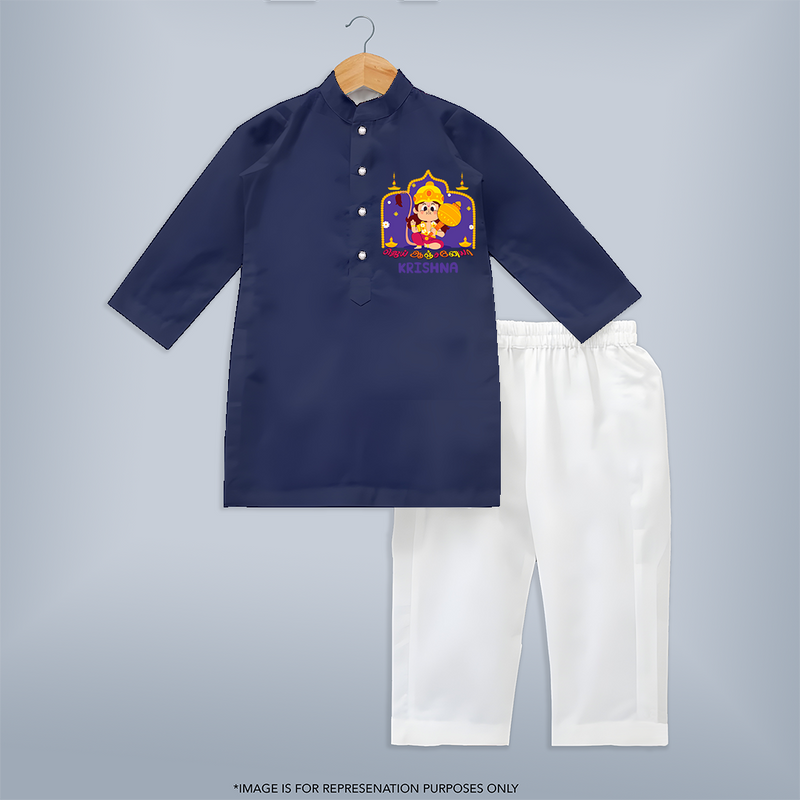 "Step into vibrant hues with our "Jai Anjaneya" Customised  Kurta set for kids - NAVY BLUE - 0 - 6 Months Old (Chest 22", Waist 18", Pant Length 16")
