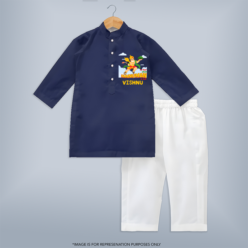 Infuse elegance and charm into your celebrations with "No Fear When Hanuman Is Near" Customised   Kurta set for kids - NAVY BLUE - 0 - 6 Months Old (Chest 22", Waist 18", Pant Length 16")