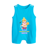 No Fear Hanuman Is Here – Personalized Baby Romper Suit - SKY BLUE - New Born (Chest 18")