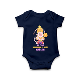 No Fear Hanuman Is Here – Personalized Baby Romper - NAVY BLUE - New Born (Chest 14")