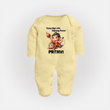 Flying High with Bajrang Power – Personalized Baby Fullbody Suit - PASTEL YELLOW - New Born (Chest 7.5")