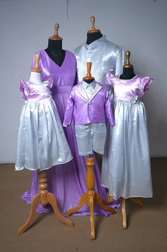 Lilac & Silver Satin Family Combo – Custom Occasionwear for Mom, Dad & Kids