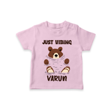 Just Vibing Bear – Personalised Kids T-Shirt - BABY PINK - 0-5 Months Old (Chest 17")