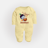 Naa Modati Krishnashtami Baby Sleep Suit/Full Sleeve Body Suit | Custom Krishnashtami Sleep Suit/Full Sleeve Body Suit for Your Little One - PASTEL YELLOW - New Born (Chest 7.5")