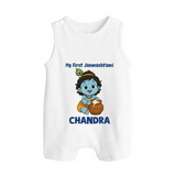 My First Janmashtami Little Krishna Butter Pot Print Button Romper - WHITE - New Born (Chest 18")