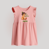 My First Janmashtami Makhan Chor Krishna Print Baby Frock - BABY PINK - 0 - 3 Months Old (Chest 17")