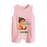 My First Janmashtami Makhan Chor Krishna Print Button Romper - BABY PINK - New Born (Chest 18")