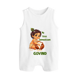 My First Janmashtami Makhan Chor Krishna Print Button Romper - WHITE - New Born (Chest 18")