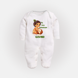 My First Janmashtami Makhan Chor Krishna Print Fullbody suit - WHITE - New Born (Chest 7.5")