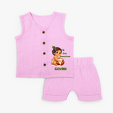 My First Janmashtami Makhan Chor Krishna Print Jabla - BABY PINK - 0 - 3 Months Old (Chest 9.8")