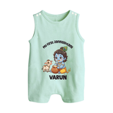 My First Janmashtami Krishna With Cow & Matki Print Button Romper - MINT GREEN - New Born (Chest 18")
