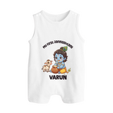 My First Janmashtami Krishna With Cow & Matki Print Button Romper - WHITE - New Born (Chest 18")