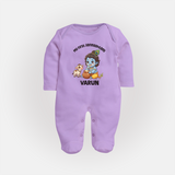 My First Janmashtami Krishna With Cow & Matki Print Fullbody suit - LILAC - New Born (Chest 7.5")