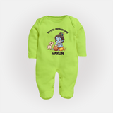 My First Janmashtami Krishna With Cow & Matki Print Fullbody suit - LIME GREEN - New Born (Chest 7.5")